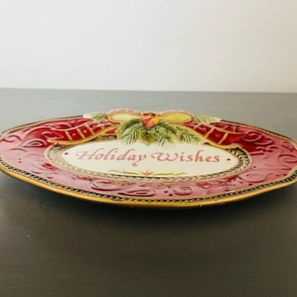 Fitz & Floyd Vintage Damask Sentiment Tray "Holiday Wishes"  9-5/8" Oval Plate - Picture 3 of 4